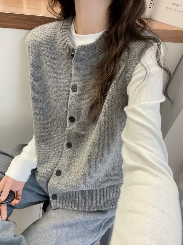 Gilet tricoté en cachemire pour femme, cardigan à col rond, pull sans manches.