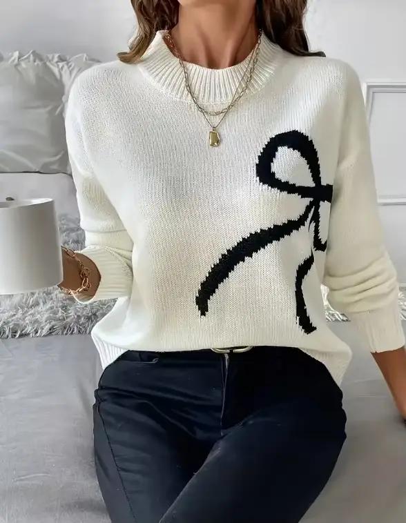 Pull en acrylique avec nœud papillon élégant pour femmes, confortable, léger et polyvalent pour le printemps automne et les voyages