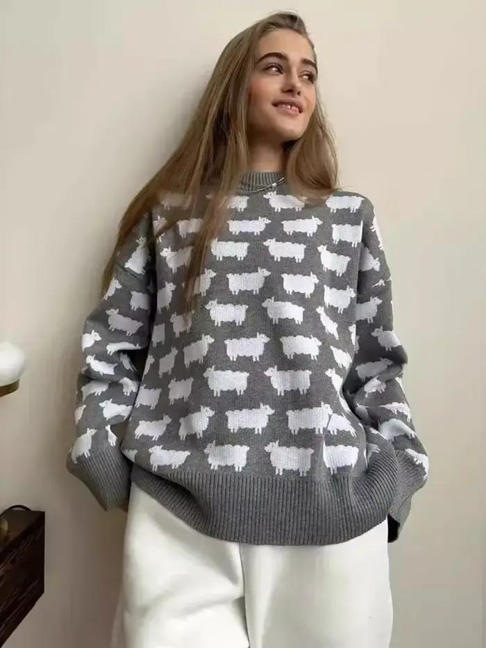 Bornladies-Pull imprimé alpaga à col rond pour femme