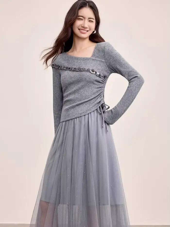 Ensemble jupe plissée et pull à sequins SENTUBILA pour femme automne 2026 élégant et confortable pour les occasions spéciales et les événements formels