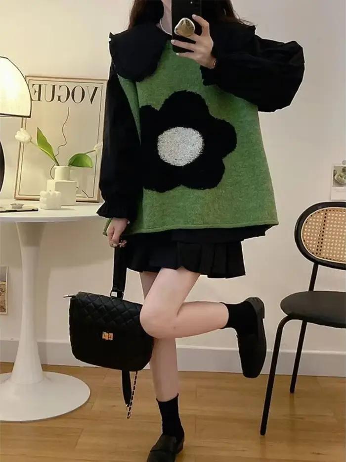 Pull fleuri ample et décontracté pour femmes, automne-hiver 2024, style Y2K, composition coton-polyester-acétate, couleurs douces et fraîches, pour bureau et sorties