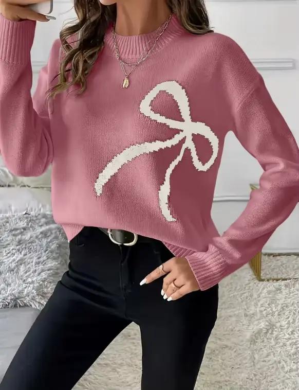 Pull en acrylique avec nœud papillon élégant pour femmes, confortable, léger et polyvalent pour le printemps automne et les voyages