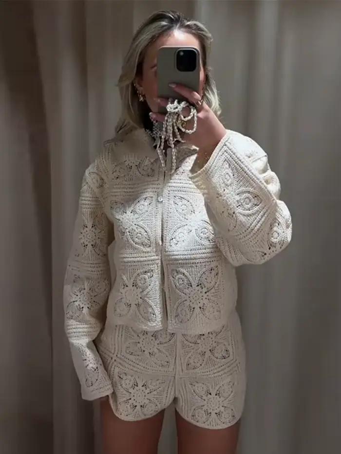 Tenue élégante en tricot ajouré pour femme, haut à revers à simple boutonnage, short taille haute, costume d'été pour les déplacements occassions spéciales
