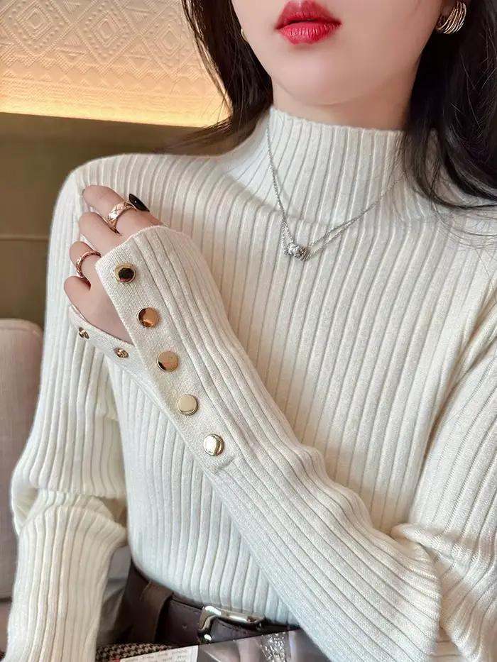Pulls épais pour femmes 2026 – Chandail décontracté chic à col rond et boutons pour l'automne et l'hiver – Haut tricoté doux et ajusté pour femme