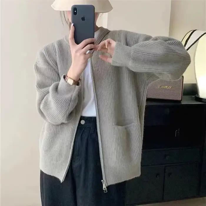 Pull tricoté ample et décontracté bywindto en polyester pour femme, automne hiver 2025, double fermeture éclair, style coréen