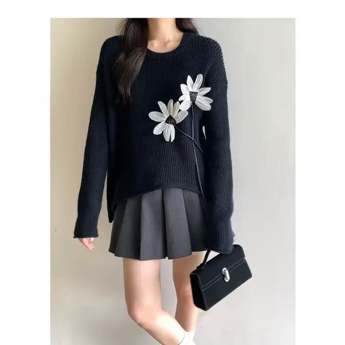 Pull rétro à fleurs tridimensionnelles pour femmes automne hiver polyester confortable occassions spéciales