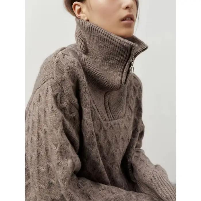 2025 automne/hiver nouveau Premium col haut demi-fermeture éclair pull femmes paresseux tricoté épais aiguille