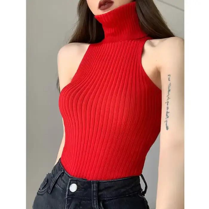 Col roulé Y2K pour femme, polyester et coton, haut décontracté, automne hiver, sans manches, ajustement mince, col roulé, noir, rouge, blanc, kaki