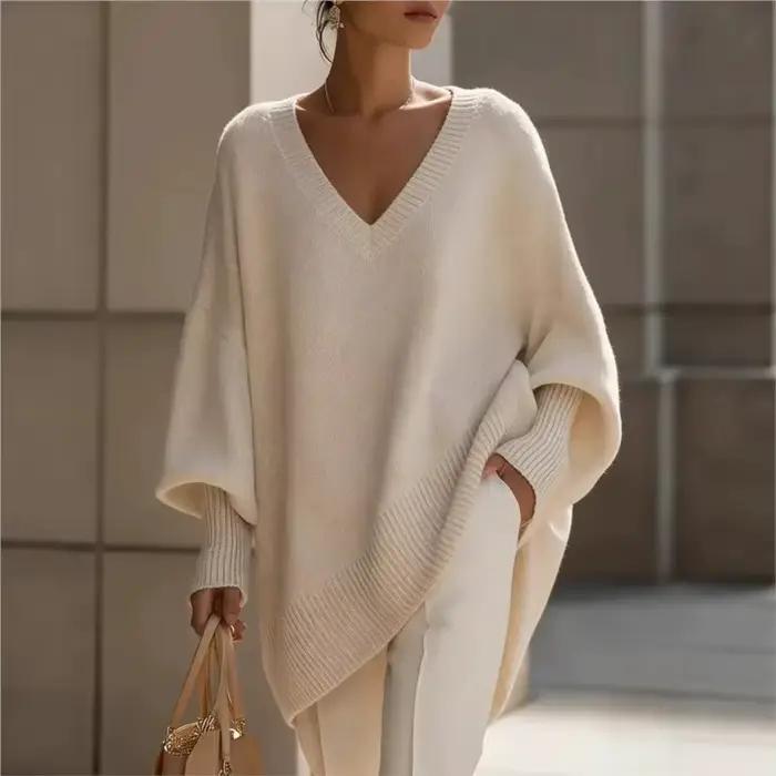 Pull en maille ample à col en V et manches longues de couleur unie pour femme