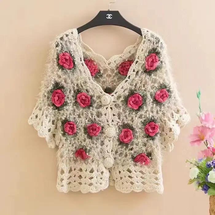 Cardigan en crochet amissié à fleurs pour femmes