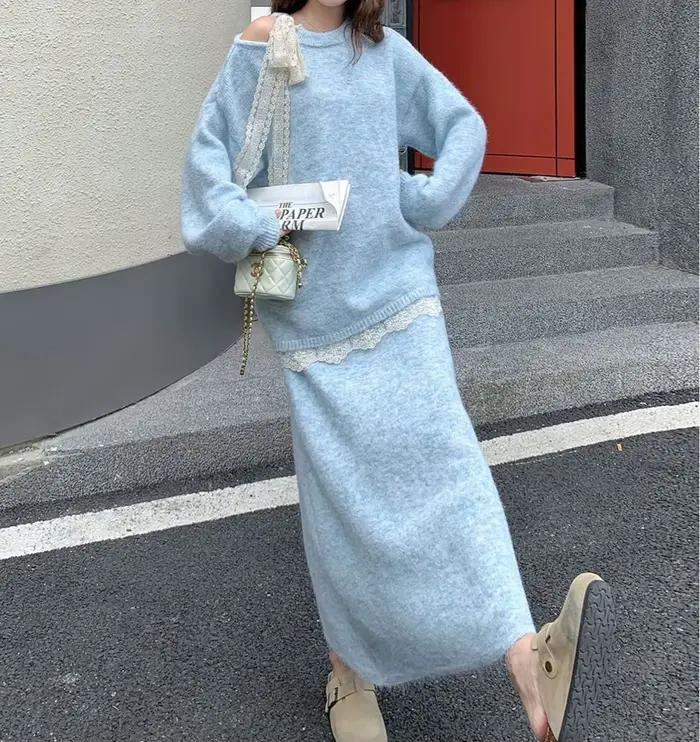 Ensemble pull pour femmes en polyester bleu élégant et amincissant pour les occasions spéciales automnales et hivernales