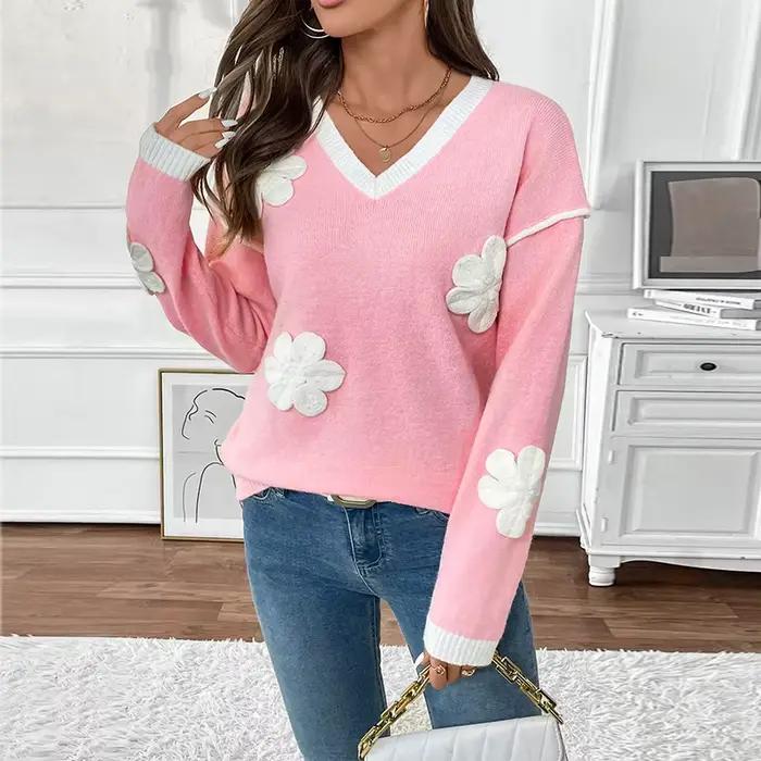 Nouveau Style Pull à Manches Longues Col en V Rose à Fleurs Femme Occasions Spéciales Automne Hiver
