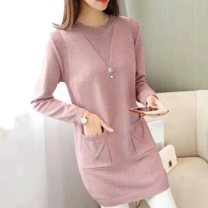 Femmes pull pull nouveau automne hiver à manches longues chaud pull col rond solide grande taille mi-longue pull femme hauts