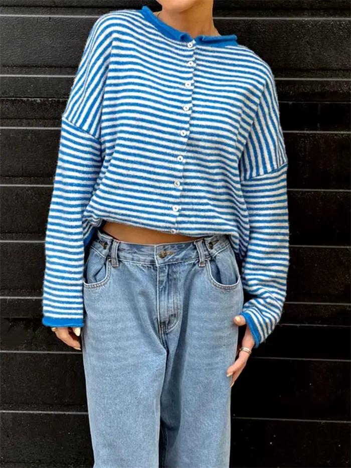 Pull femme rayé boutonné Cardigan hauts en tricot vêtements d'extérieur décontracté ample à manches longues automne