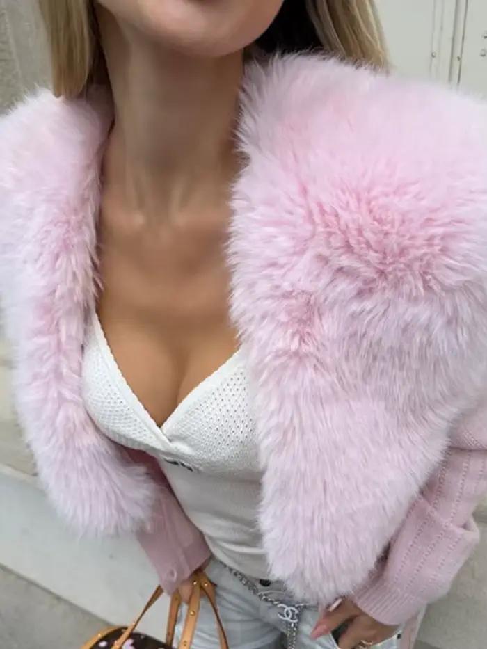 Cardigan court élégant en fourrure patchwork rose pour femme