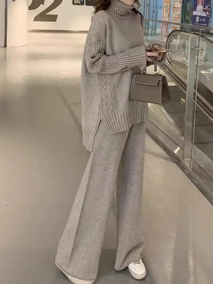 Ensemble pull chaud pour femmes, costume tricoté d'hiver, ensemble 2 pièces, pull à col roulé solide et pantalon ample, costume de bureau pour dame occasions spéciales