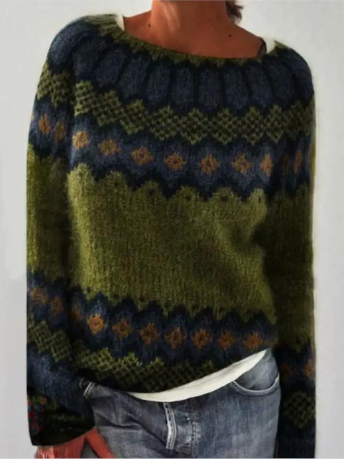 Femmes Vintage imprimé pull haut décontracté col rond à manches longues