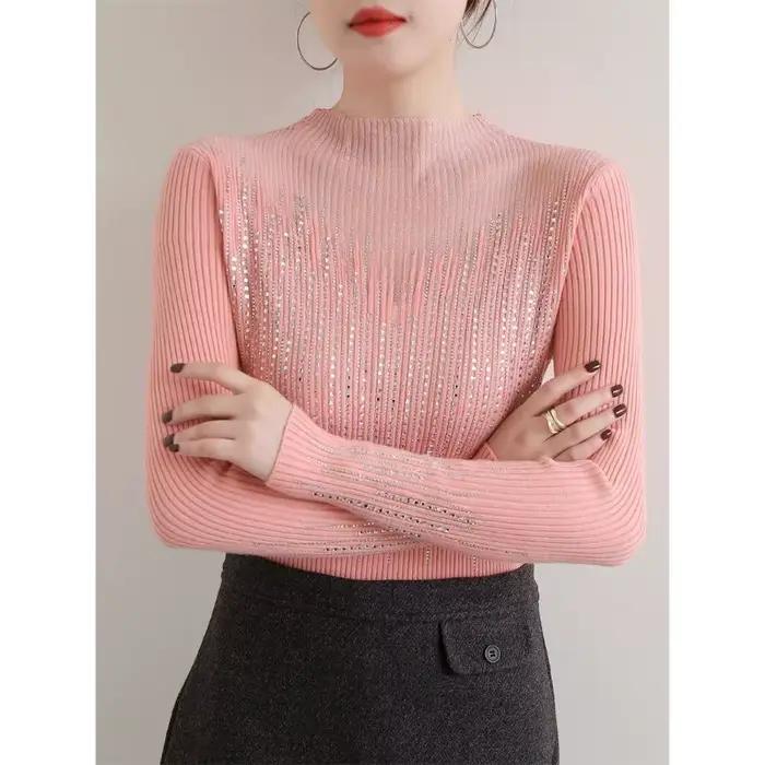 Pull diamant chaud pour femmes, pull ajouré à manches longues, coupe ample, décontracté, polyester léger, pour automne et sports