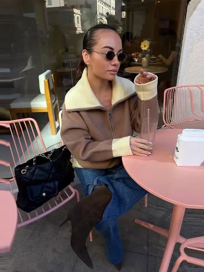 Pull zippé contrasté tendance pour femme