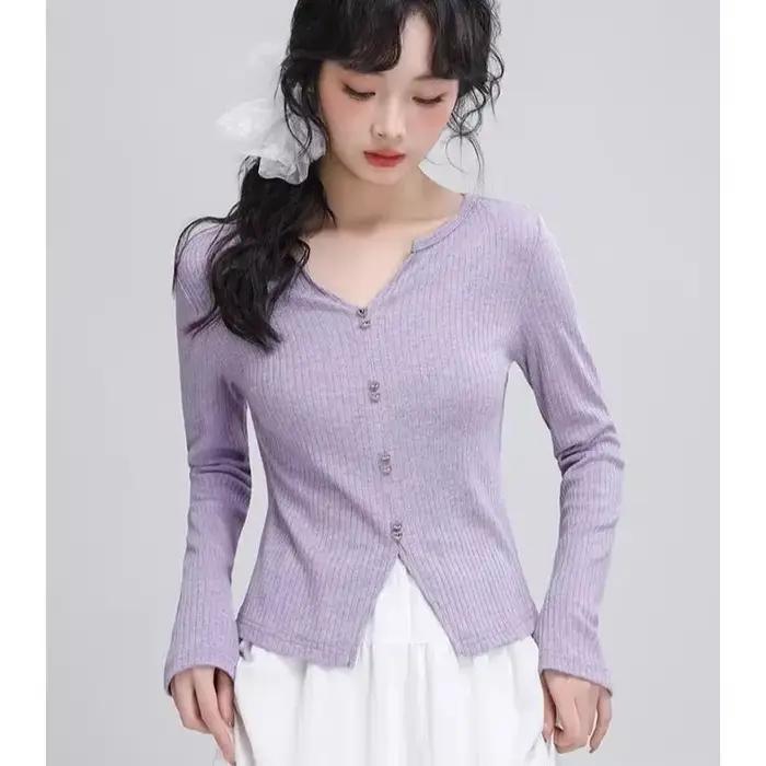 Pull à manches longues et col en v pour femme
