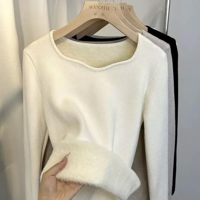 Pull en flanelle polyester à col carré rembourré épais pour femmes automne hiver élégant confortable à offrir pour toutes occasions