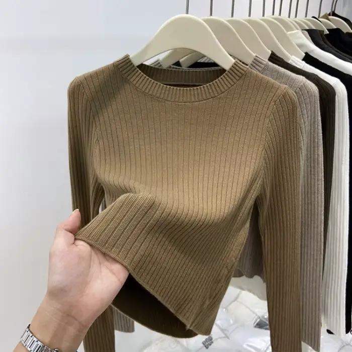 Pulls courts solide col rond automne hiver bases femme chandails mode coréenne Vintage Simple Sueter Mujer
