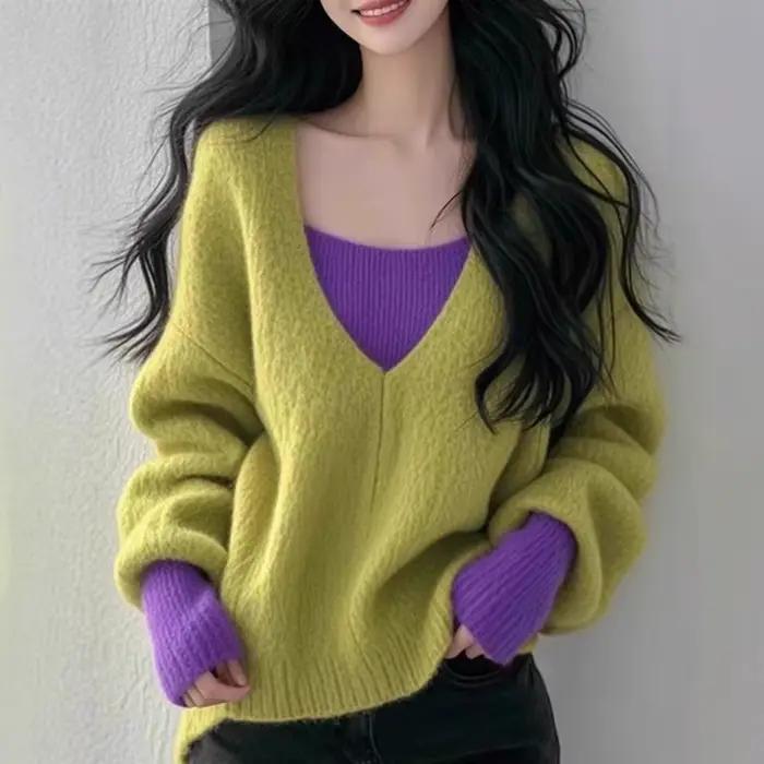 Pull à col en v de couleur contrastée pour femmes