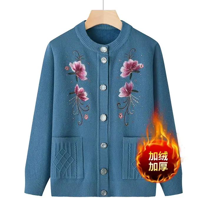 Pull XL-4XL femmes imprimé ajouter velours hiver Cardigan manteau d'âge moyen mère ogo veste chaude grand-mère