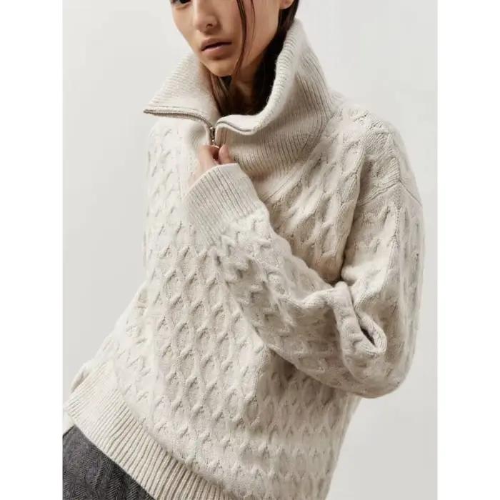 2025 automne/hiver nouveau Premium col haut demi-fermeture éclair pull femmes paresseux tricoté épais aiguille
