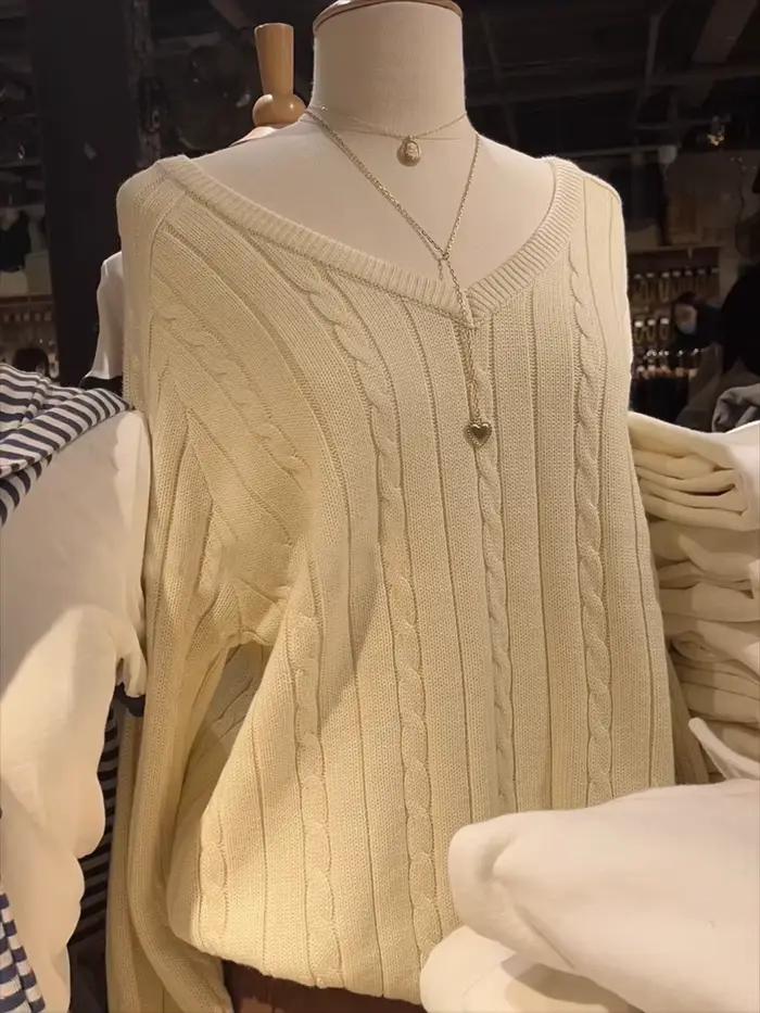 Femmes col en v tricoté pull décontracté automne hiver coton chaud ample torsadé fleur hauts pullover Harajuku solide