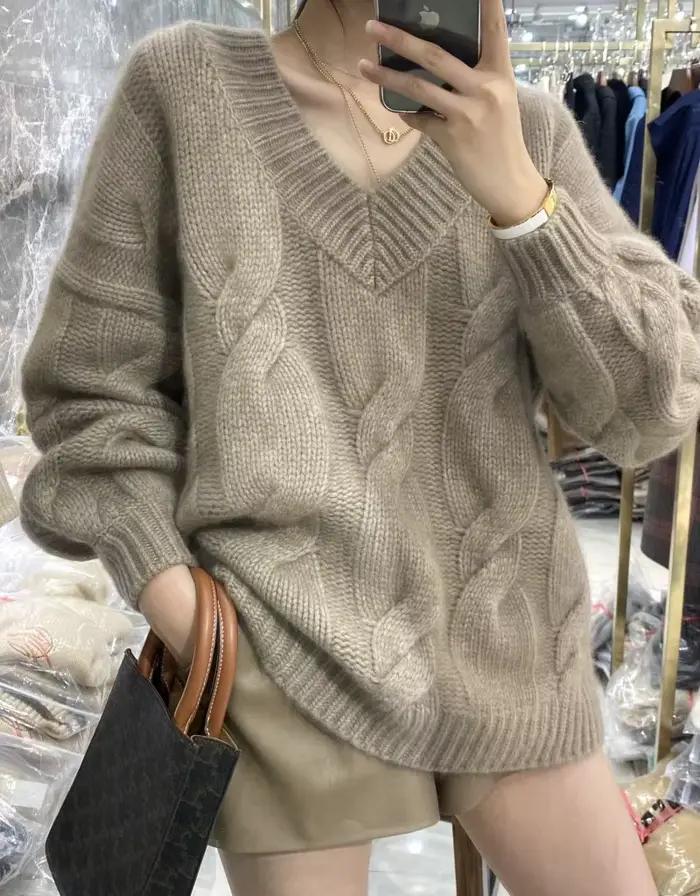 Nouvelle mode automne hiver femmes vêtements 100% laine mérinos col en v à manches longues qualité Minimal pulls pull tricots hauts