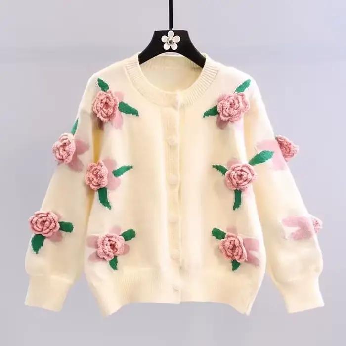 Cardigan en tricot à col rond pour femme, pull à fleurs, automne/hiver