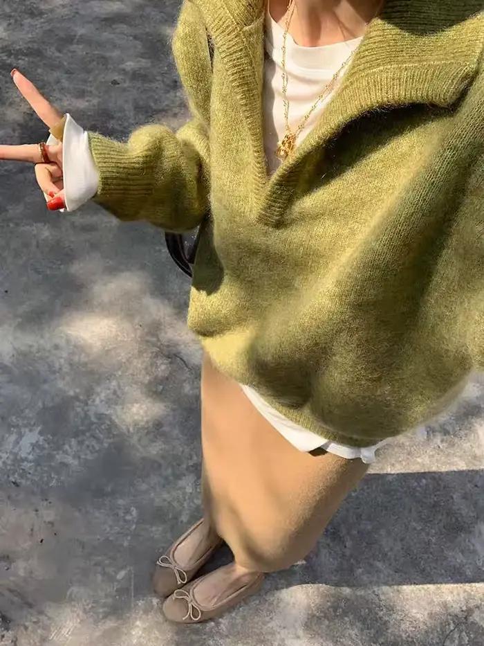 Pull à revers vert premium pour femme