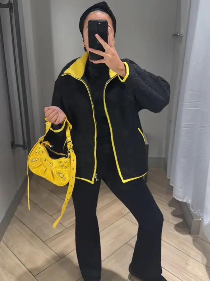 Cardigan tricoté contrasté pour femmes, décontracté et élégant, avec poches pratiques pour automne-hiver, style patchwork, polyester durable ```