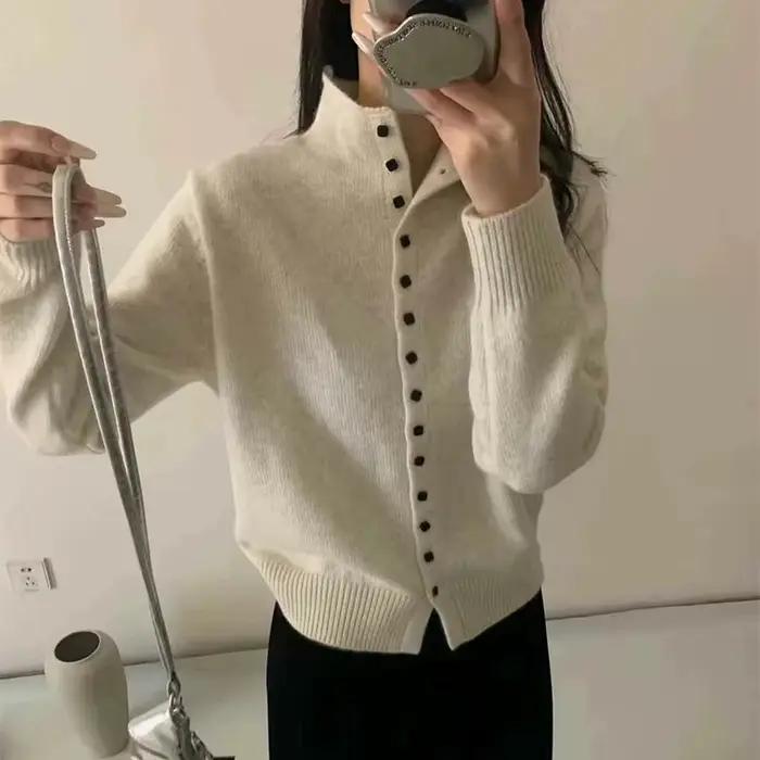 Cardigan boutonné élégant pour femmes, pull tricoté doux, mode coréenne, col roulé, automne hiver