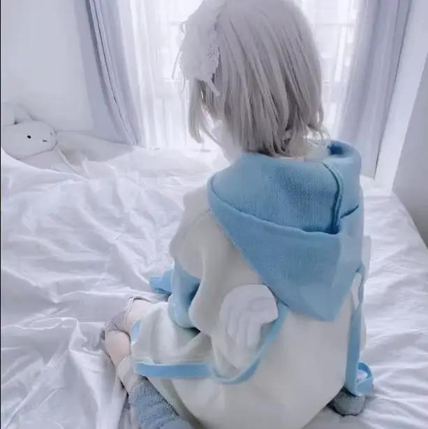 Sweat à capuche femme style japonais kawaii bleu ciel avec motifs animés pour automne hiver