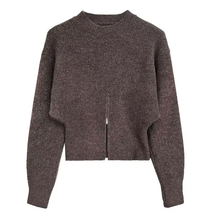 Gris 2025 automne vêtements nouveau Design sens haut fendu fermeture éclair pull court tricoté