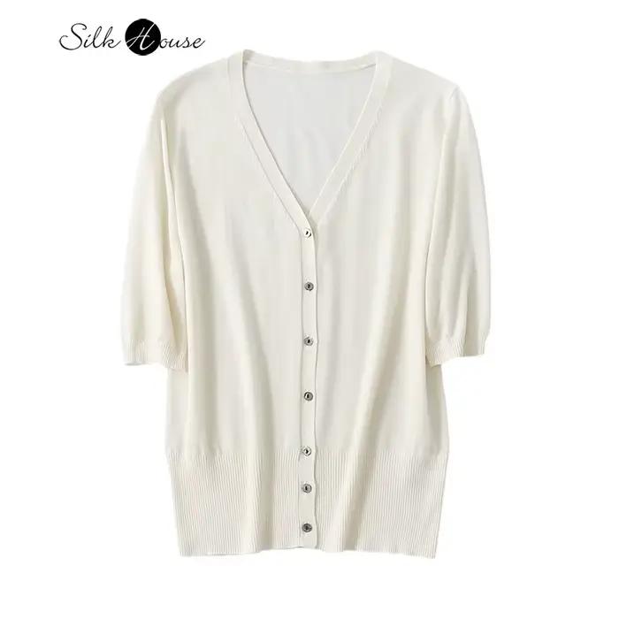 Cardigan en soie de mûrier et coton décontracté pour femmes, col en V, automne hiver, occasions spéciales, cadeaux d'anniversaire