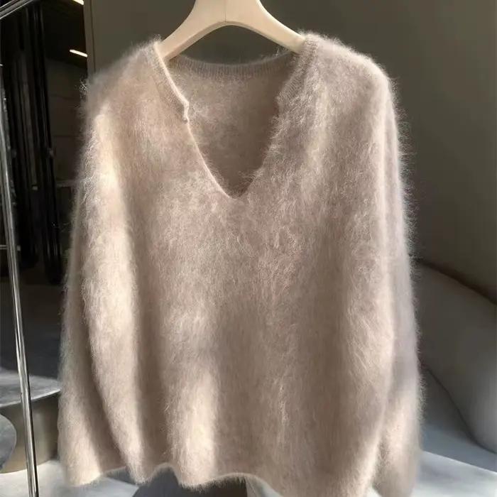 2025 doux couleur unie Mohair pull automne et hiver paresseux vent