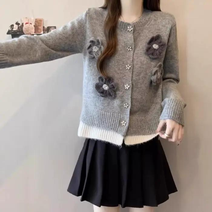 Cardigan Gris bywindto Femme Junior Automne Hiver Fleur Tridimensionnelle Coupe Ample Décontracté Occasions Spéciales