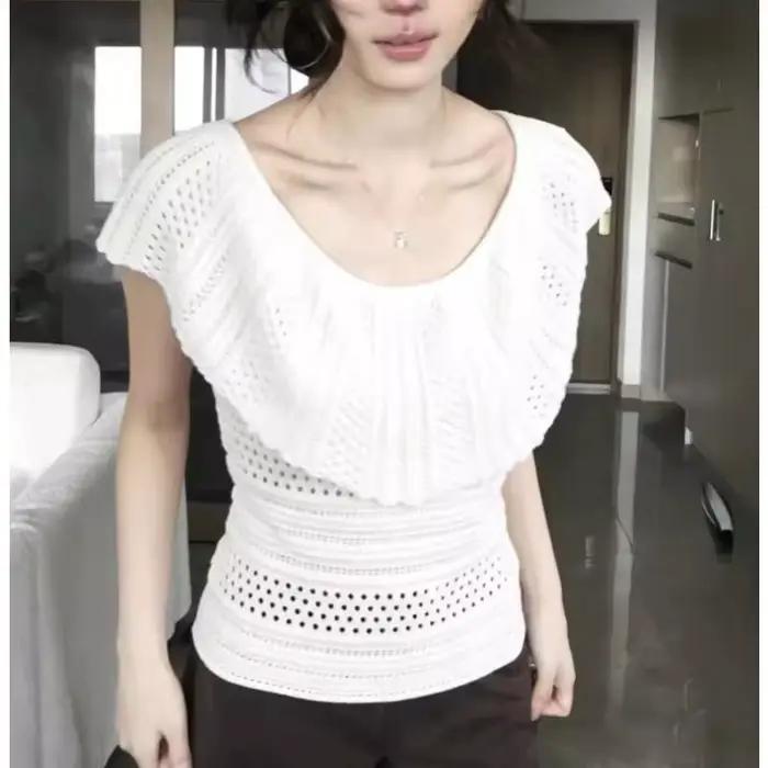 Pull en maille ajourée blanc français pour femme