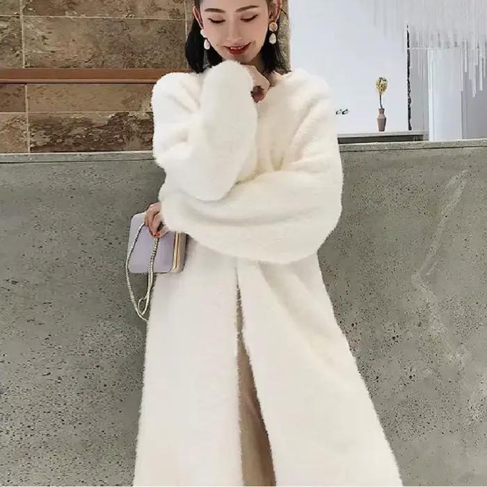 Cardigan long blanc pour femme style coréen chaud et vintage automne hiver Polyester Acrylique Coupe ample Col en V Haute élasticité Occasions spéciales