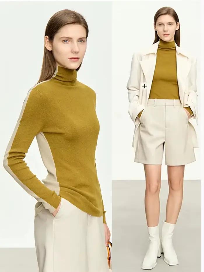 Amii femmes chandails 2024 hiver minimalisme à manches longues col haut mince doux hauts en tricot pull Patchwork