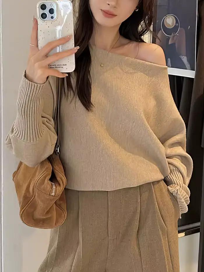 Pull tricoté ample à manches longues pour femme, haut épais à épaules dénudées, style décontracté pour l'automne hiver occasions spéciales