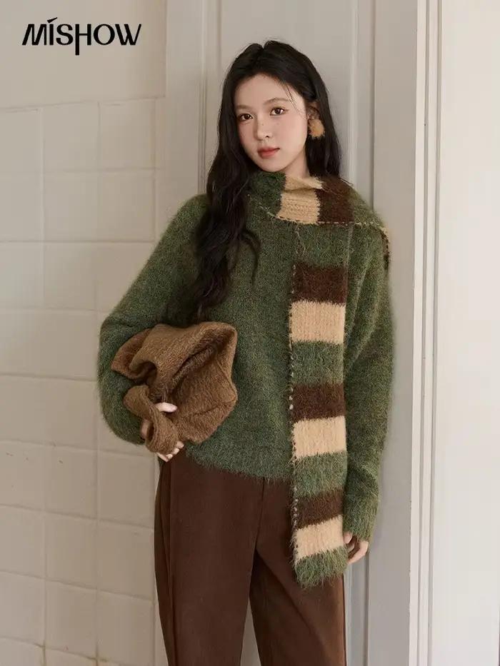 MISHOW noël femmes français rétro écharpe pull deux pièces ensemble 2025 hiver vert tricoté