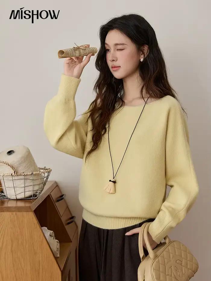 Mishow Femme Solide Tricoté Pull 2025 Automne Hiver Col Rond Coupe Ample Acrylique Polyester Nylon Pour Bureau Occasions Spéciales