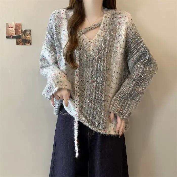 Pull court violet à col en v pour femme