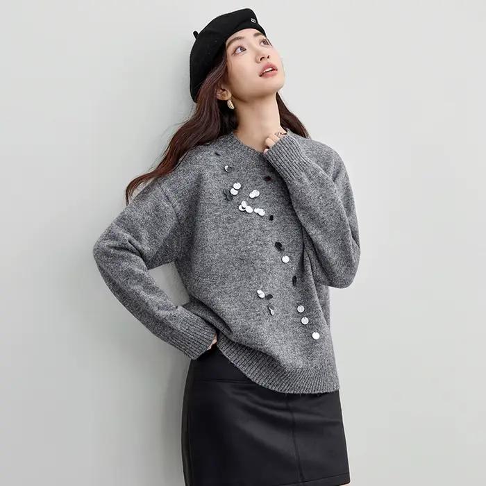 Pull à sequins coupe ample pour femmes, bureau dame, polyester et laine, occasionnels et professionnels, gris et rouge, confortable et durable