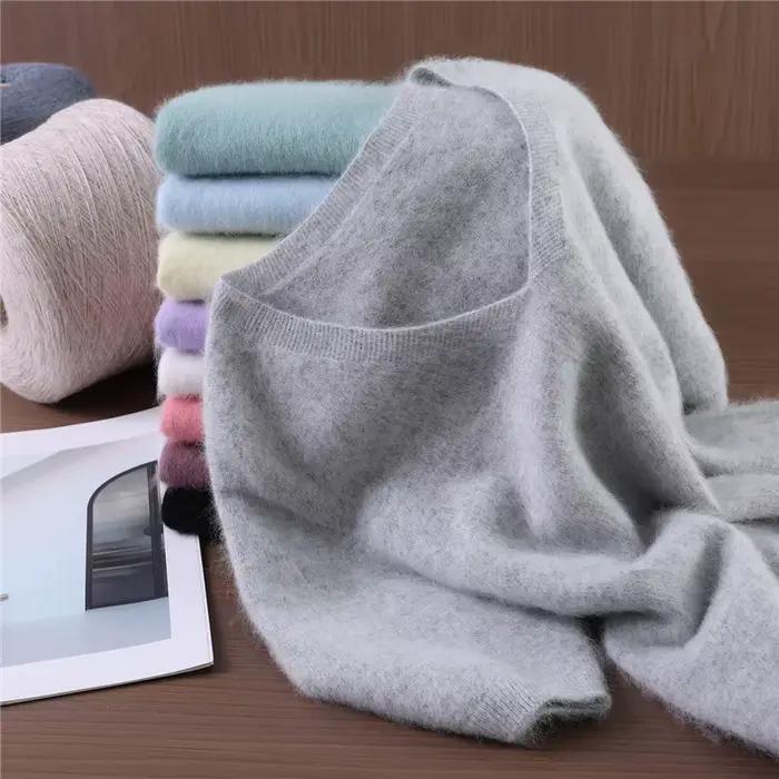 Pull à col en V en cachemire de vison pur pour femmes, élégant et polyvalent pour les occasions de printemps et d'automne