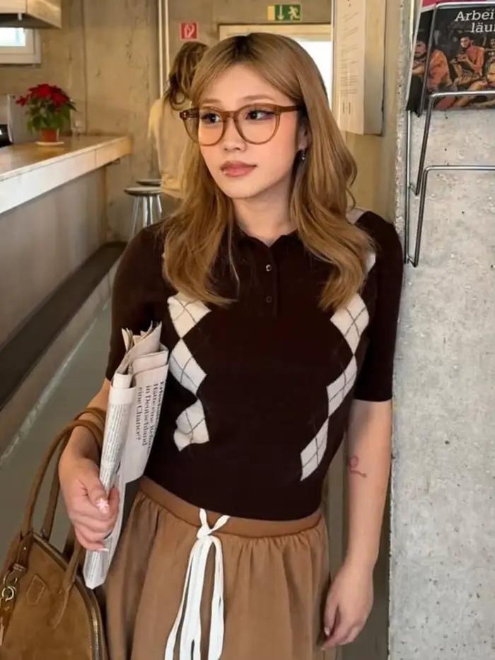 Pull à manches courtes en tricot diamant pour femme, décontracté et élégant pour l'été, amincissant et confortable pour diverses occasions